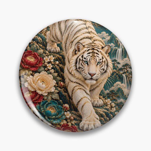 Item preview, White Tiger with Peony Flowers and Full Moon – Asian Fantasy Art designed and sold by ManJiangHong.