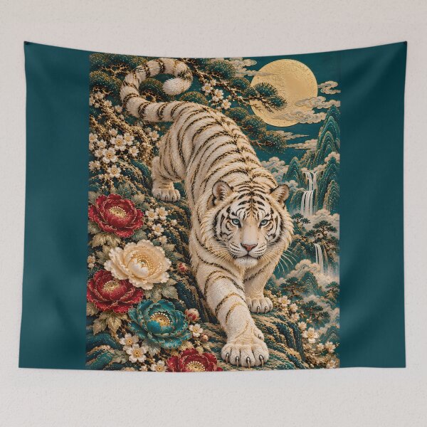 Item preview, White Tiger with Peony Flowers and Full Moon – Asian Fantasy Art designed and sold by ManJiangHong.