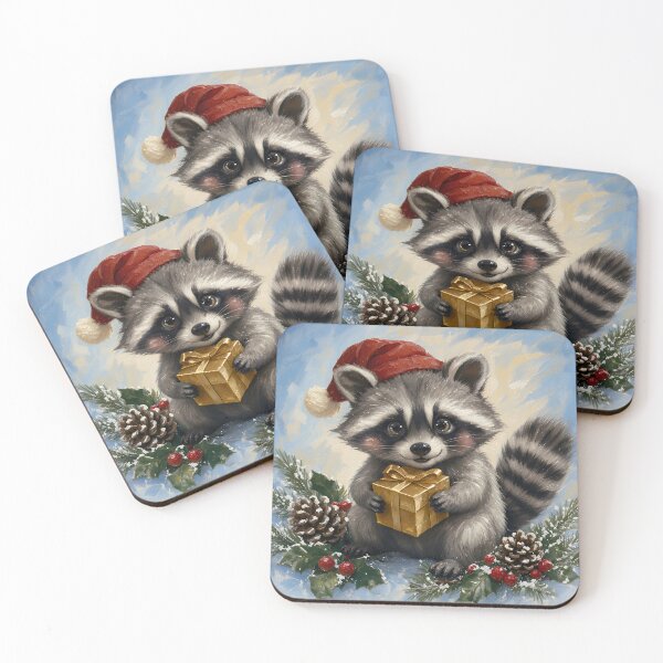 Item preview, Cute Christmas Raccoon with Santa Hat and Golden Gift – Whimsical Winter Animal Art designed and sold by cr6zym1nd.
