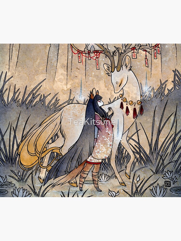 Thumbnail 3 of 3, Tapestry, The Meeting of the Fox and Wish Spirit designed and sold by TeaKitsune.