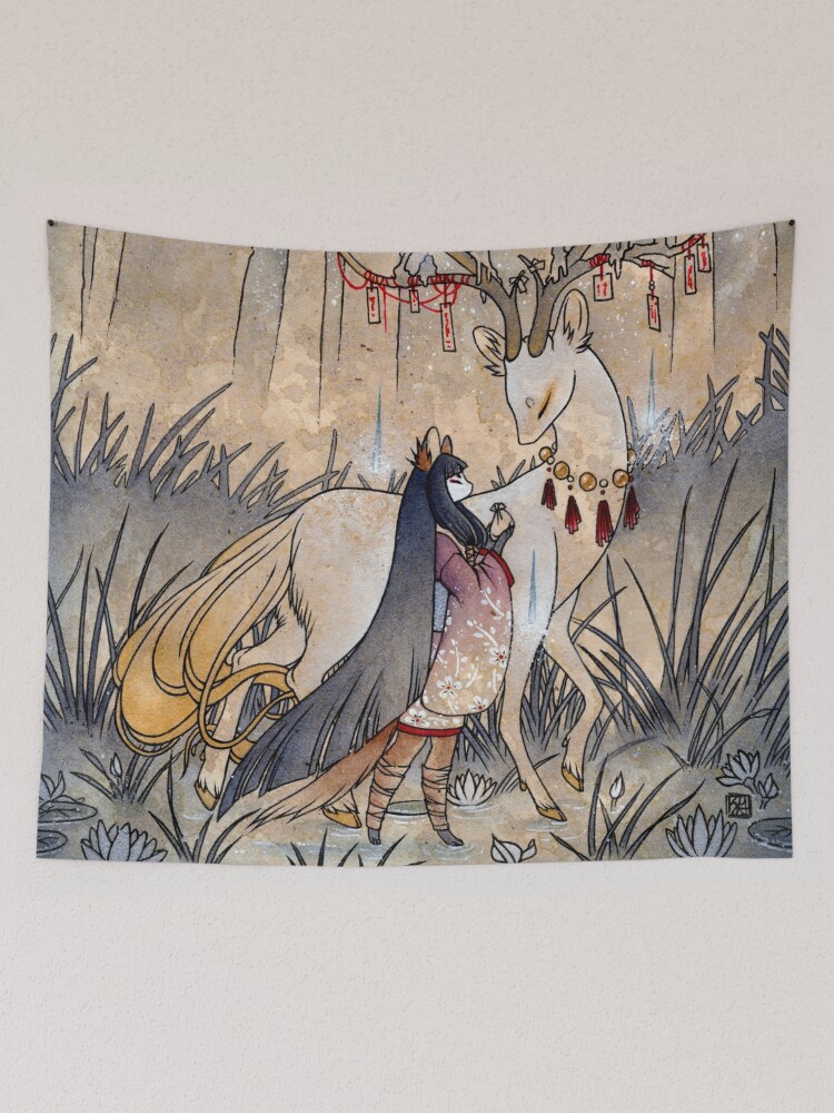 Thumbnail 2 of 3, Tapestry, The Meeting of the Fox and Wish Spirit designed and sold by TeaKitsune.
