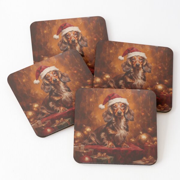 Item preview, Christmas Dachshund in Santa Hat – Festive Long Haired Sausage Dog Christmas Art designed and sold by cr6zym1nd.