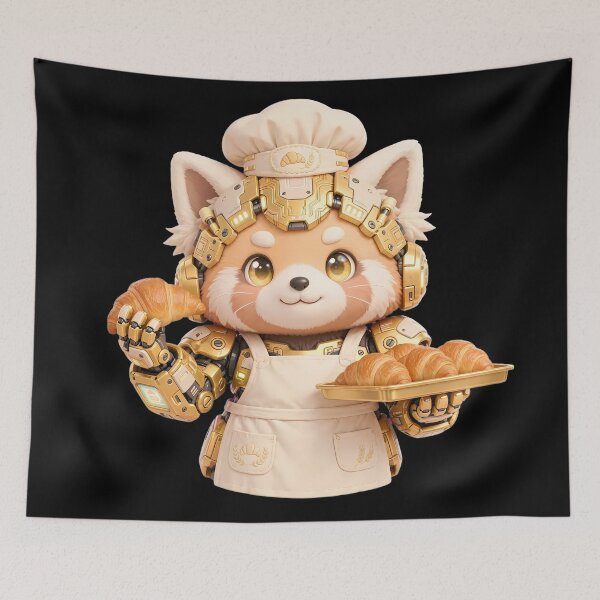 Item preview, Cute Mecha Red Panda Baker Croissant - Golden Bakery Chef designed and sold by Cyber Gold Studio.