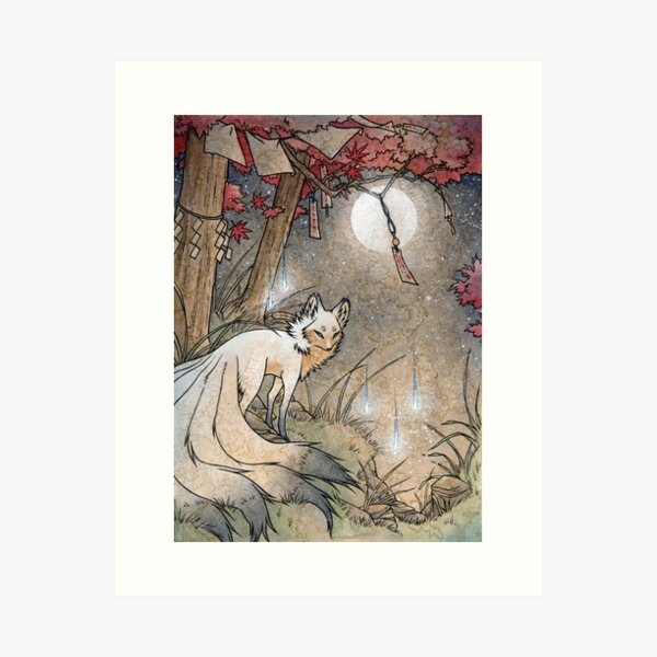 Fox and Wisps Under the Moon and Maple Leaves Art Print