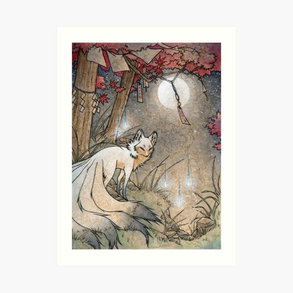 Fox & Wisps - TeaKitsune Fox Yokai Art Print