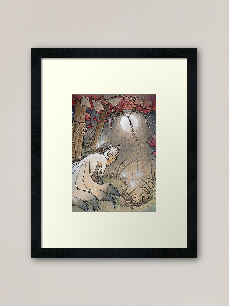 Alternate view of Fox & Wisps - TeaKitsune Fox Yokai Framed Art Print