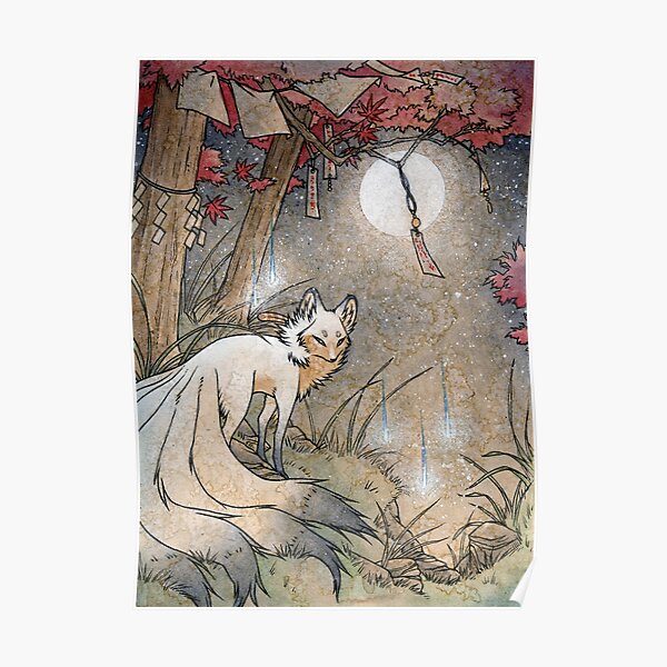 Fox & Wisps - Kitsune Yokai Foxfire Poster