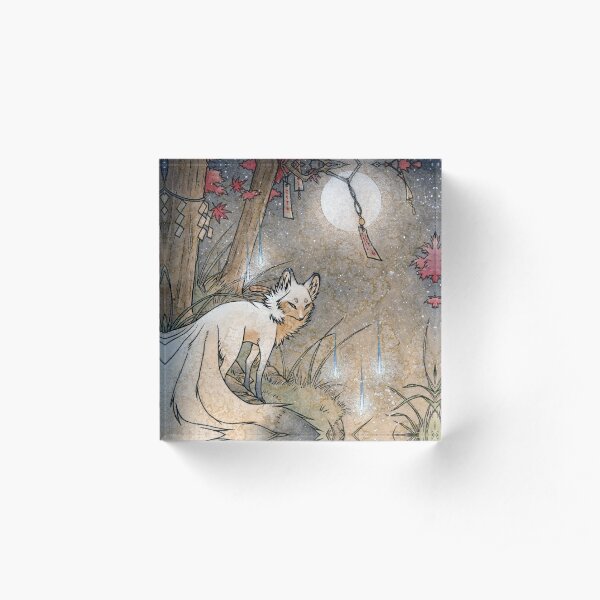 Fox & Wisps - Kitsune Yokai Foxfire Acrylic Block