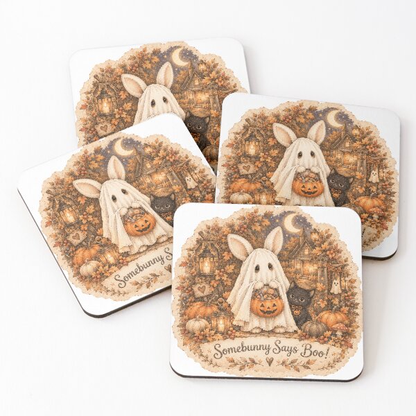Item preview, Somebunny Says Boo! – Cute Ghost Bunny with Black Cat, Vintage Halloween Art designed and sold by TatiK-Treasures.