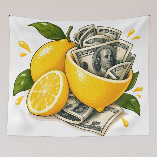 Item preview, Lemon Filled with Dollar Bills, Money and Citrus Fruit, Financial Success Concept Illustration designed and sold by DoveArtDesigns.