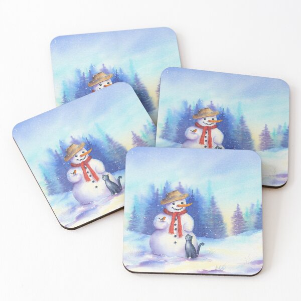 Item preview, Snowman with cat and bird in a winter landscape designed and sold by KarenKaspar.