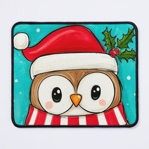 Item preview, Christmas Owl Wrapped in a Striped Santa Scarf and Festive Hat, Surrounded by Holly and Snowflakes designed and sold by OlfactoART Studio.