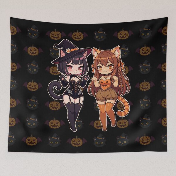 Item preview, Kawaii Halloween Cat Girls: Witch & Pumpkin Nekomimi Duo designed and sold by CuteKats.