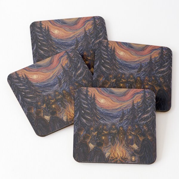 Item preview, Christmas Carolers Around a Winter Bonfire – Starry Night Inspired Forest Painting designed and sold by Amalia Gutyz.