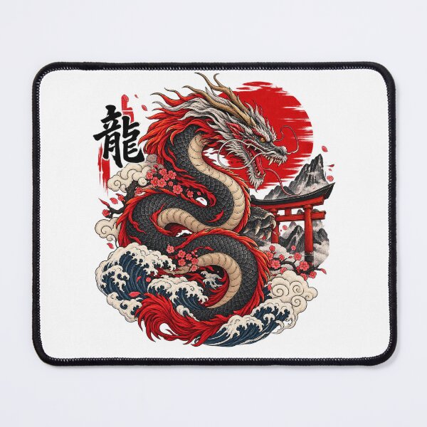 Item preview, Japanese Dragon – Red Sun, Cherry Blossoms & Ocean Waves designed and sold by RobertArt08.
