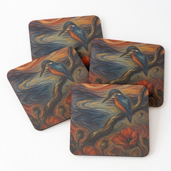 Item preview, Kingfisher and Red Poppies at Fiery Sunset – Expressionist Bird Painting designed and sold by Amalia Gutyz.