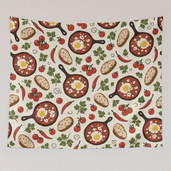 Item preview, Shakshuka Retro Kitchen Pattern | Cast Iron Skillets, Poached Eggs, Tomatoes and Crusty Bread designed and sold by StickyGuys.