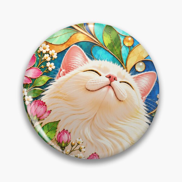 Item preview, White Cat in Colorful Stained Glass Flowers designed and sold by TheRBGifts.