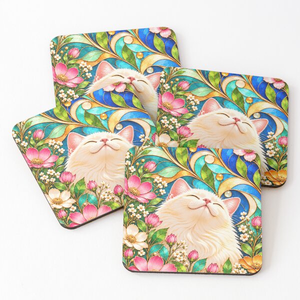 Item preview, White Cat in Colorful Stained Glass Flowers designed and sold by TheRBGifts.