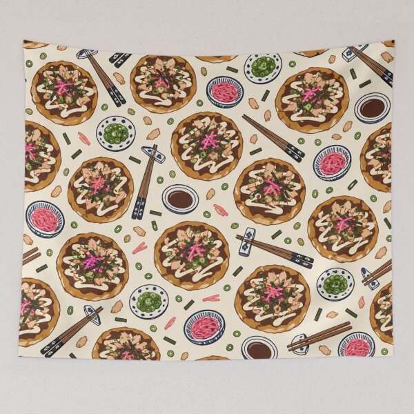 Item preview, Okonomiyaki Japanese Street Food Pattern | Savory Pancakes with Mayo, Bonito and Scallions designed and sold by StickyGuys.