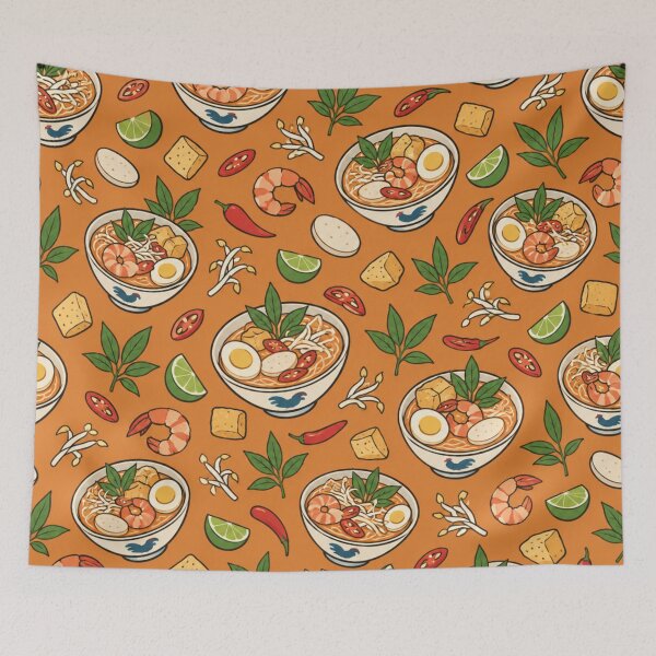 Item preview, Laksa Malaysian Hawker Pattern | Coconut Curry Noodle Soup Bowls with Shrimp and Lime designed and sold by StickyGuys.