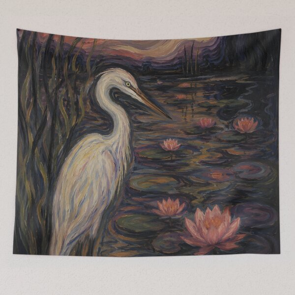 Item preview, White Heron Among Pink Water Lilies – Moody Expressionist Wetland Painting designed and sold by Amalia Gutyz.