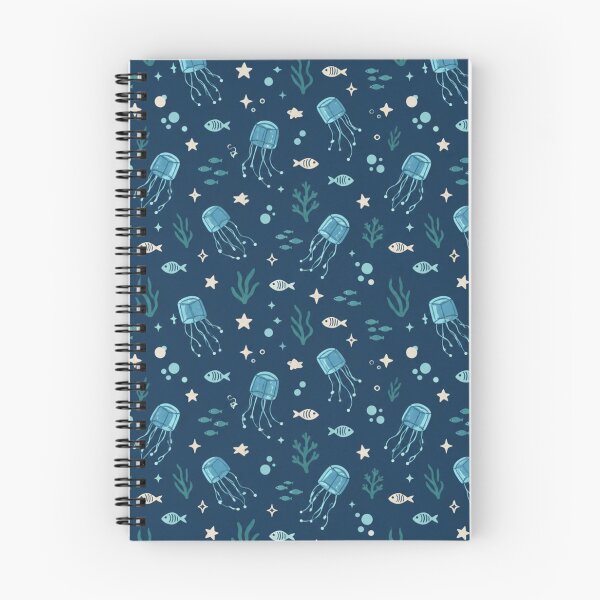 Item preview, Box Jellyfish Deep Sea Pattern | Translucent Blue Bells with Tiny Fish and Stars on Navy designed and sold by StickyGuys.