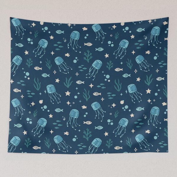 Item preview, Box Jellyfish Deep Sea Pattern | Translucent Blue Bells with Tiny Fish and Stars on Navy designed and sold by StickyGuys.