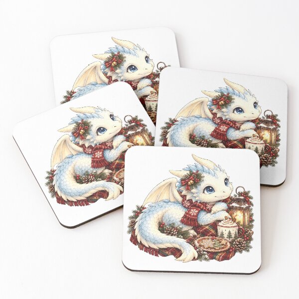 Item preview, Cozy Winter White Dragon with Hot Cocoa and Christmas Cookies designed and sold by Hatchling Hollow.