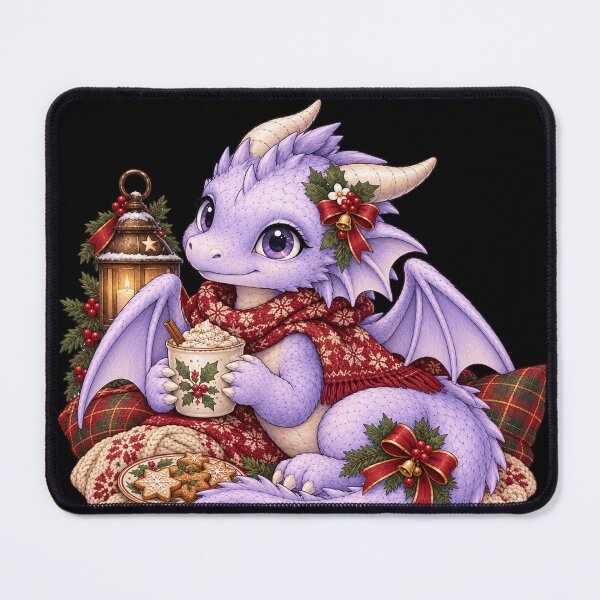 Item preview, Cozy Christmas Purple Dragon with Hot Chocolate and Gingerbread Cookies designed and sold by Hatchling Hollow.