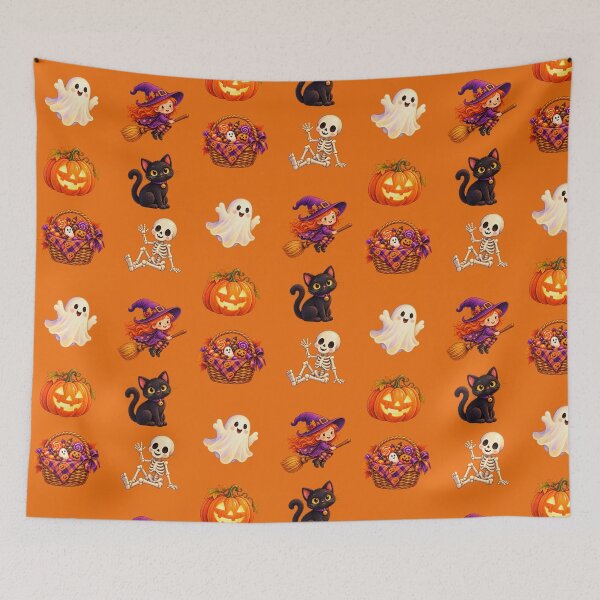 Item preview, Cute Halloween Pattern with Ghosts, Witches and Black Cats – Orange designed and sold by JessouArt.