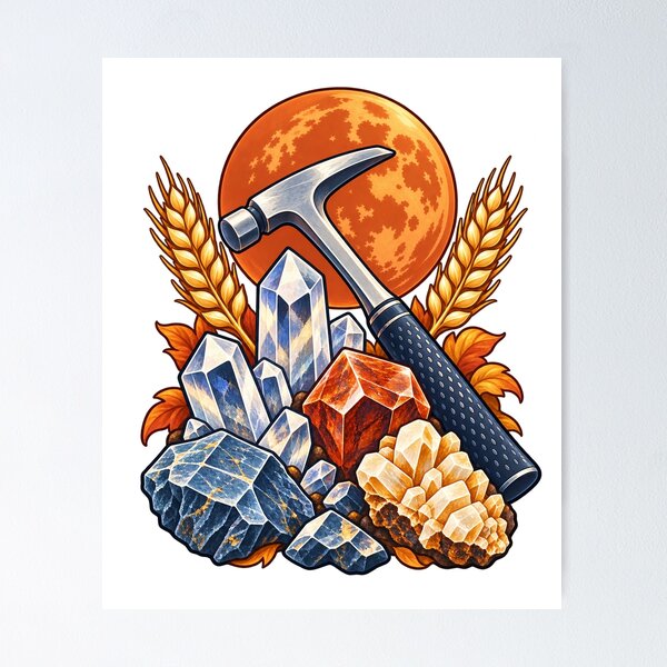 Item preview, Geology Crystals and Rock Hammer Beneath an Autumn Moon designed and sold by skyartdesign.