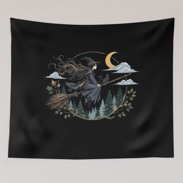 Item preview, Witch with her Cat on a Broomstick (Version 2) designed and sold by Birdie and Flynn.