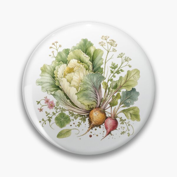 Item preview, Vintage Cabbage and Radishes Botanical Watercolor Cottagecore Vegetable Garden Art designed and sold by inkoutninja.