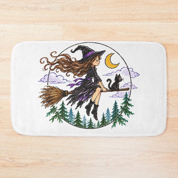 Item preview, A Witch with her Cat on a Broomstick (Kawaii Version) designed and sold by Birdie and Flynn.