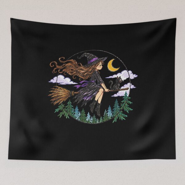 Item preview, A Witch with her Cat on a Broomstick (Kawaii Version) designed and sold by Birdie and Flynn.