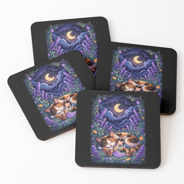 Item preview, Lavender Moonlight Dreams: Sleeping Calico Cat & Woodland Friends Graphic designed and sold by HexOne.