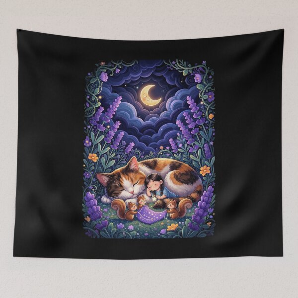 Item preview, Lavender Moonlight Dreams: Sleeping Calico Cat & Woodland Friends Graphic designed and sold by HexOne.