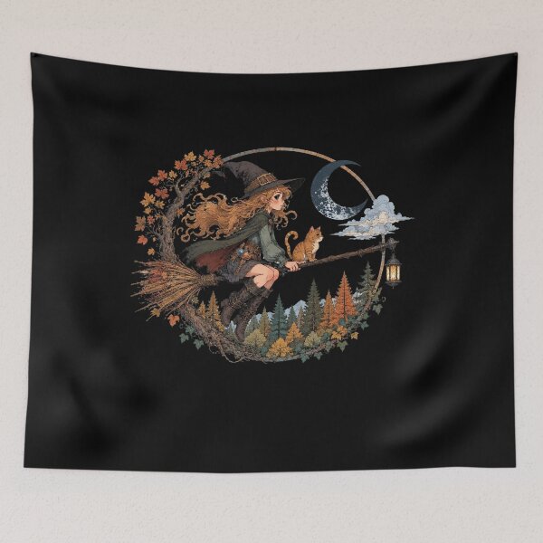 Item preview, A Witch with her Cat on a Broomstick (Whimsical Version) designed and sold by Birdie and Flynn.