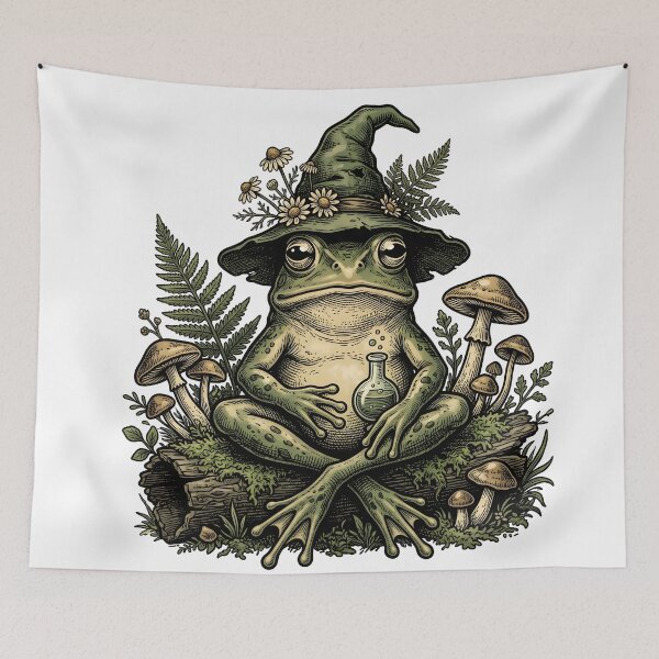 Item preview, Pondering My Life Choices Botanical Wizard Frog Vintage Woodcut Sticker designed and sold by Thuzito.