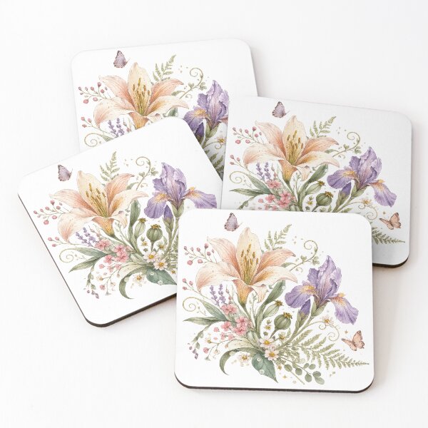 Item preview, Vintage Lily and Purple Iris Floral Watercolor Cottagecore Botanical Art designed and sold by inkoutninja.