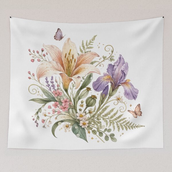 Item preview, Vintage Lily and Purple Iris Floral Watercolor Cottagecore Botanical Art designed and sold by inkoutninja.
