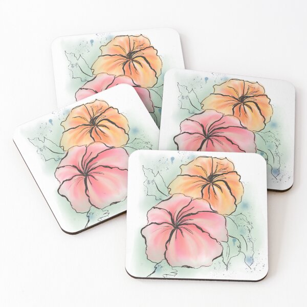 Item preview, Hibiscus Duet, Pink and Orange Tropical Flowers in Ink designed and sold by ShooNyaArtStudio.