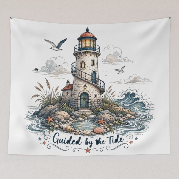 Item preview, Coastal Lighthouse Ocean Waves Nautical Cottagecore Art Guided by the Tide  designed and sold by inkoutninja.