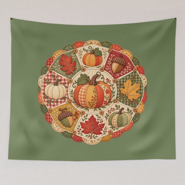 Item preview, Patchwork Pumpkin Patch Quilt Block Cottagecore Autumn Thanksgiving Design designed and sold by MagicMakerPh.