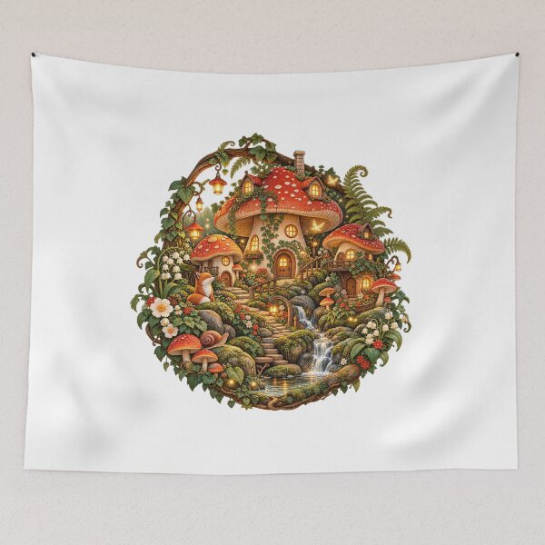 Item preview, Enchanted Mushroom Village – Cozy Fairy Forest Cottagecore Art designed and sold by Art Studio Shams.