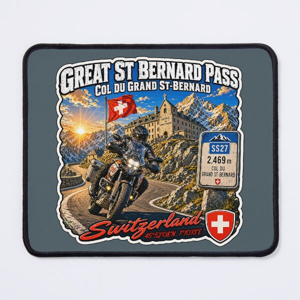 Item preview, Great St Bernard Pass, Valais, Switzerland Motorcycle Sticker TShirt 06 designed and sold by OuterShellUK.