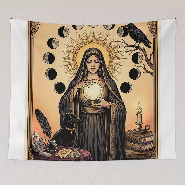 Item preview, L'Intuition Vintage Tarot Card - Mystical Seer and Moon Phases designed and sold by PurrfectHome.