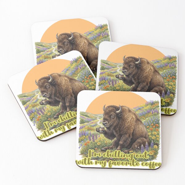 Item preview, Chilling Out with My Favorite Coffee – Cozy American Bison in a Wildflower Meadow designed and sold by LOVEARTDESIGN.