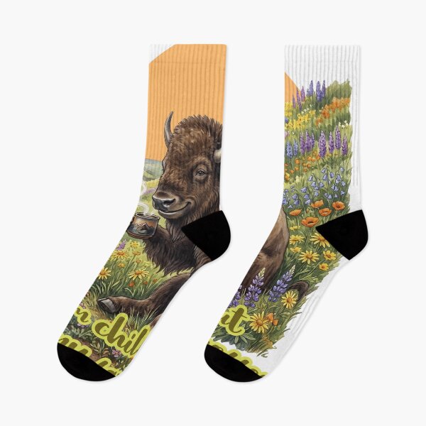 Item preview, Chilling Out with My Favorite Coffee – Cozy American Bison in a Wildflower Meadow designed and sold by LOVEARTDESIGN.
